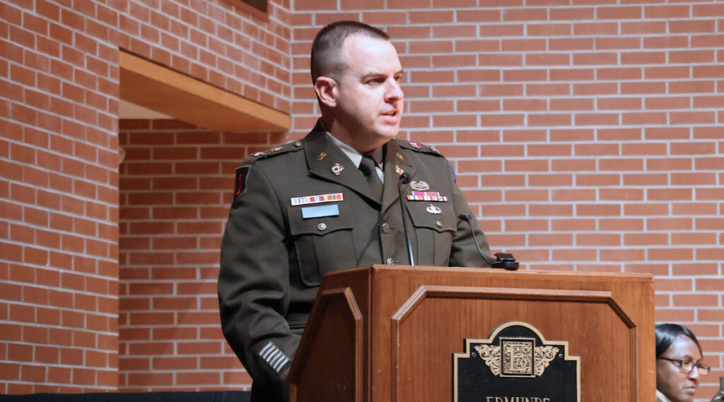 Presbyterian College graduate Col. Hank Coleman '02 addressed ROTC graduates during the 2026 Highlander Battalion ROTC commissioning ceremony.