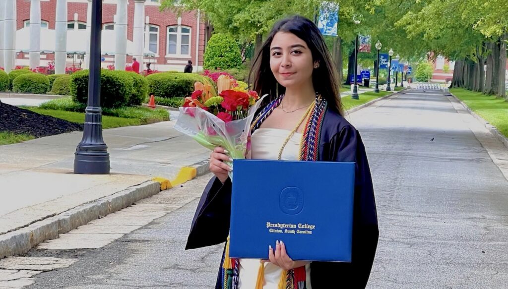 Graduating senior Lydia Awadalla on the Vance Plaza before graduating on May 9.