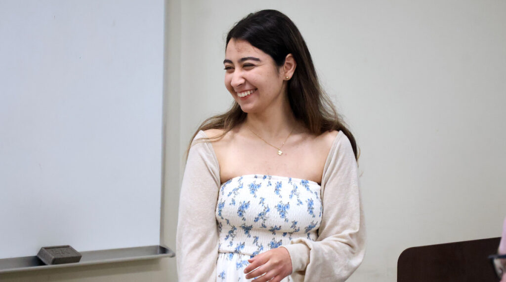 Lydia Awadalla takes questions following her honors research presentation at the 2026 Honors Day Symposium at PC.
