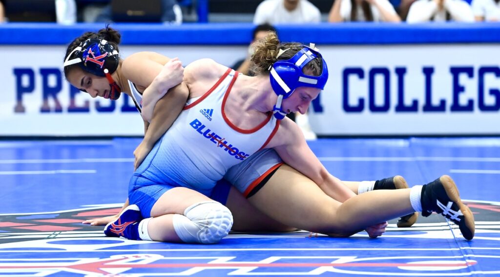 Blue Hose women's wrestler Alyssa Mahan competes against an opponent from King College.
