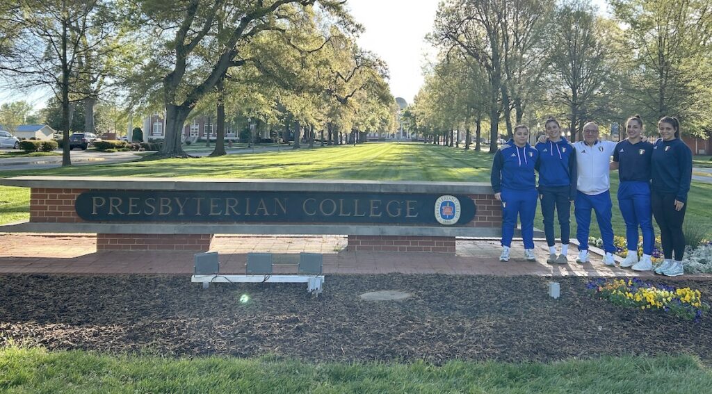 Members of the Italian National Women's Wresting team visiting the campus of Presbyterian College to train with the Blue Hose women's wresting team.