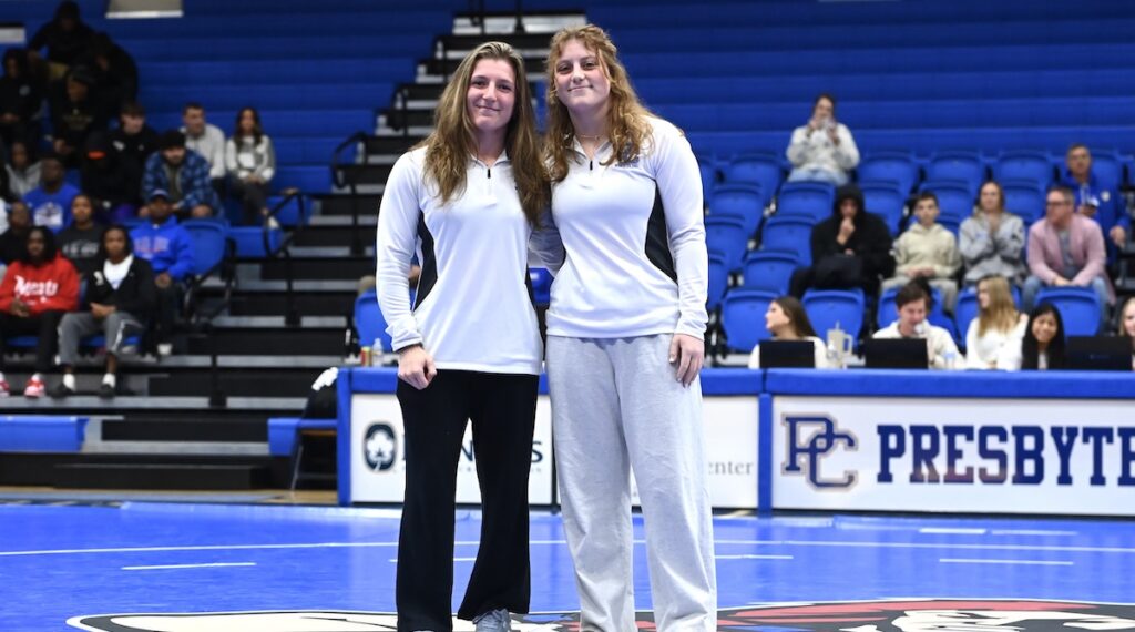 Blue Hose women's wrestlers Alyssa Mahan and Maddie Kubicki.