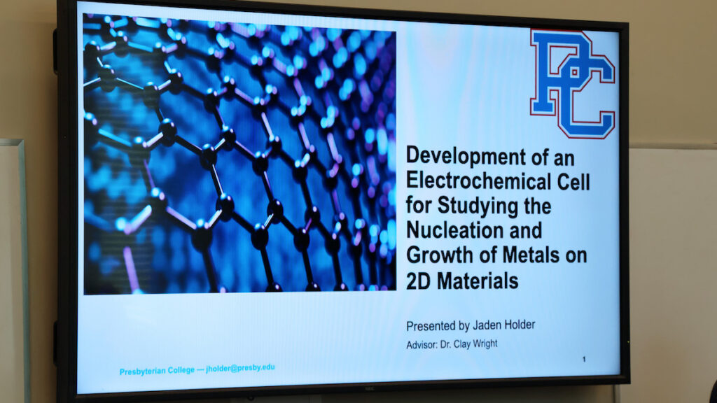 Rising PC senior Jaden Holder's honors research examined the development of an electrochemical cell for studying the nucleation and growth of metals on two-dimensional materials.