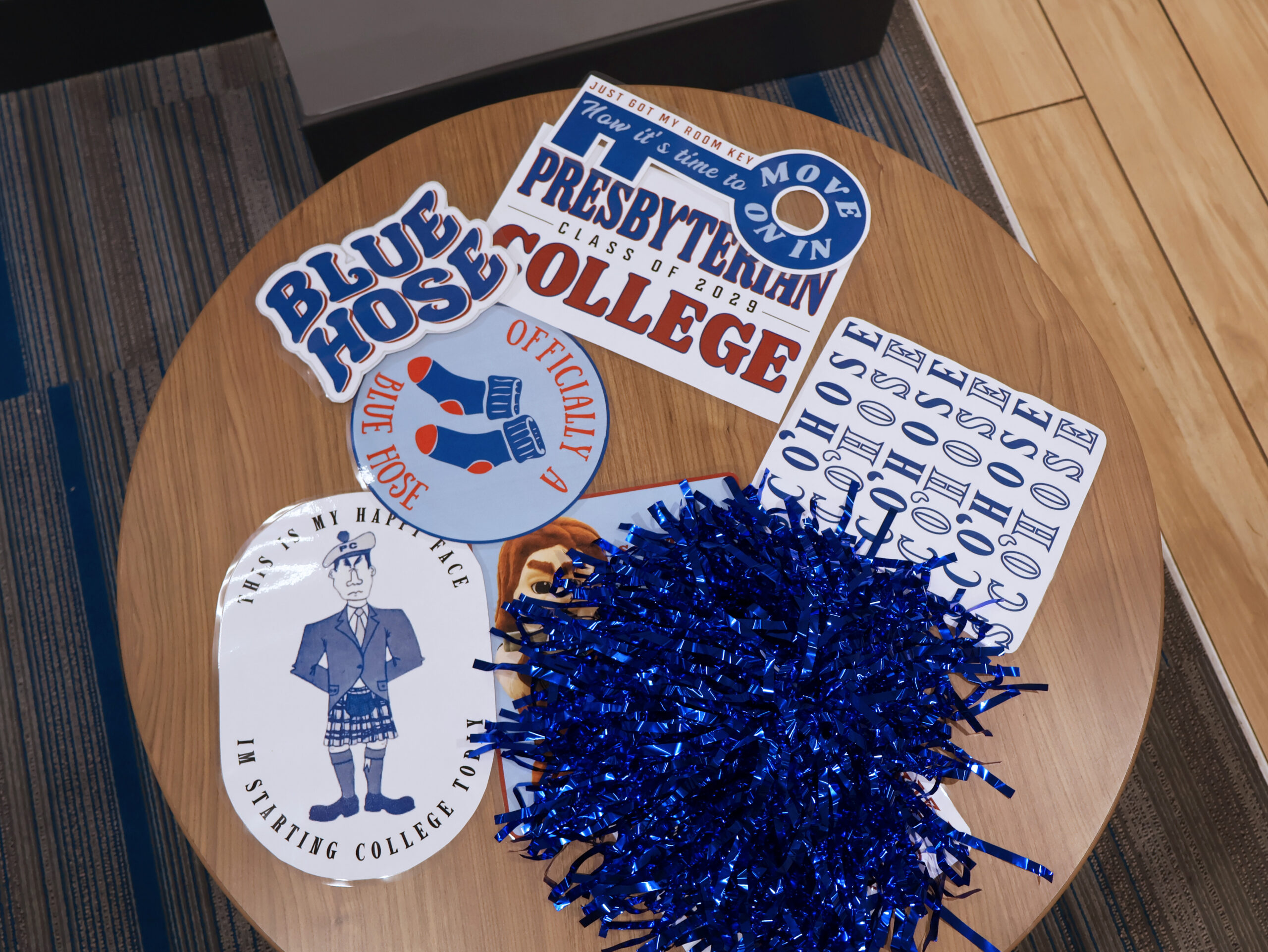 Presbyterian College stickers and pom poms at New Student Orientation Move-in Day