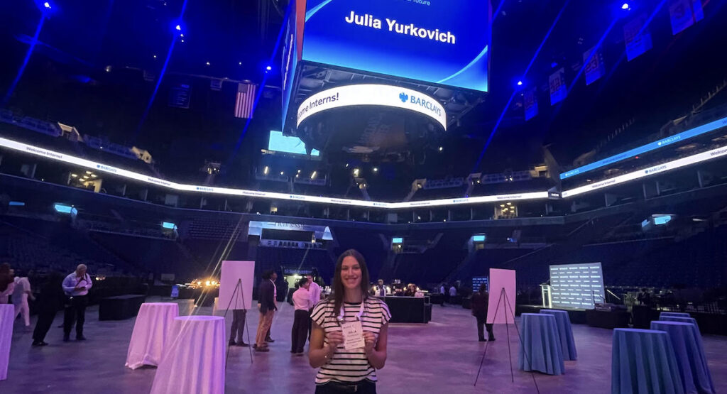 PC student Julia Yurkovich at the Barclays Center for her internship with Barclays.