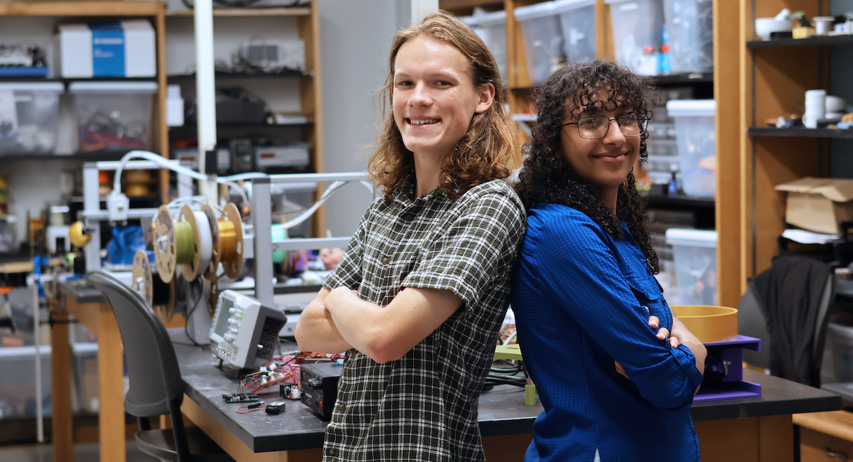 PC students Sam Gearheart and Veby Youssef in Richardson Hall, where they are both conducting summer research through a NASA-funded program supporting student research.