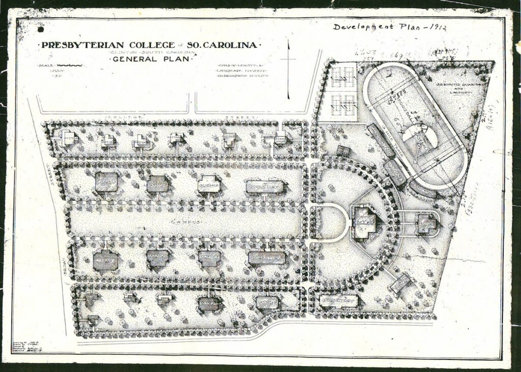 A copy of the 1912 PC development plan that first established the college campus layout that is enjoyed to this day.
