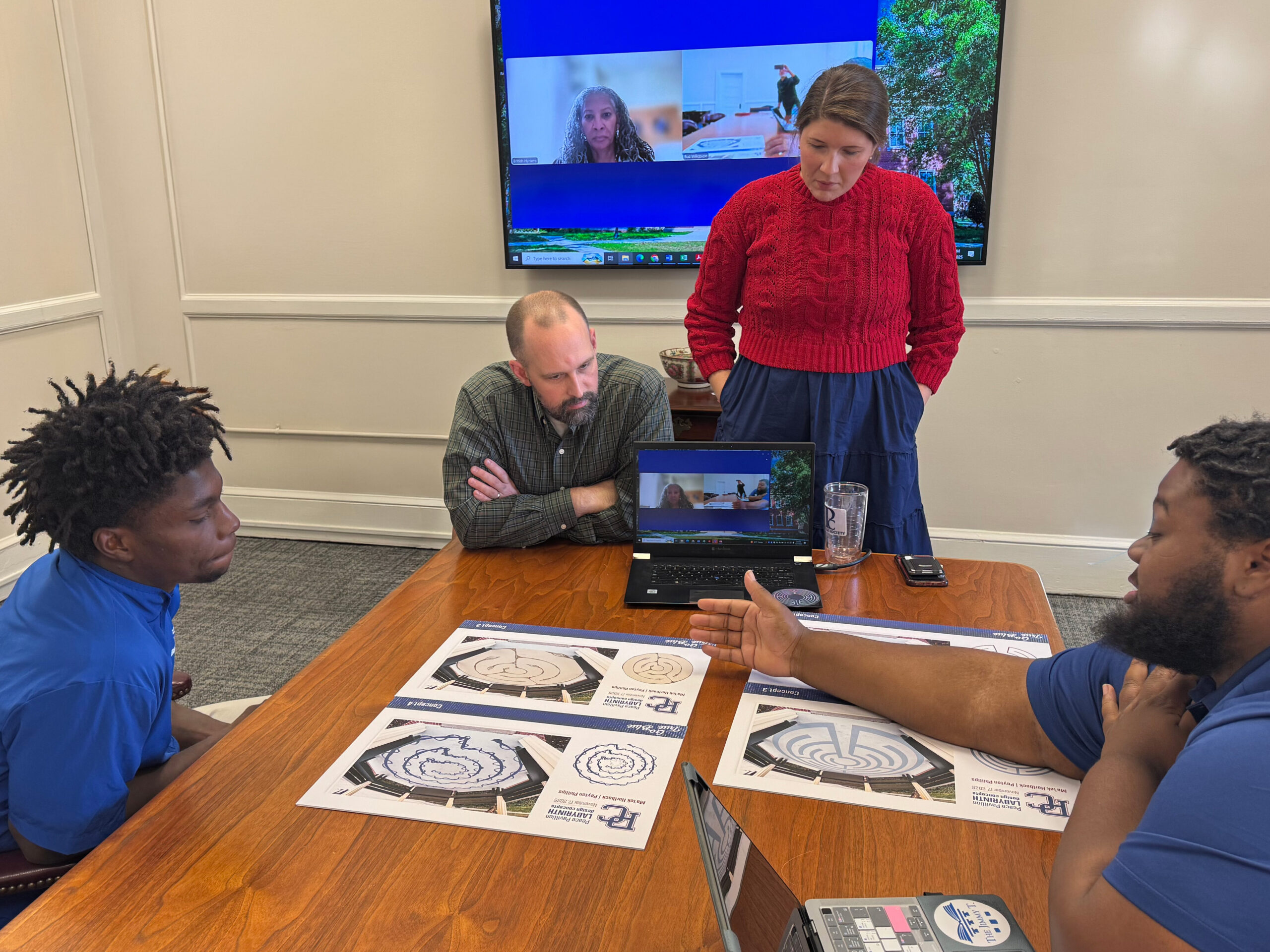 Presbyterian College art students present concepts for the Peace Pavilion labyrinth design to PC Office of Spiritual Life staff.