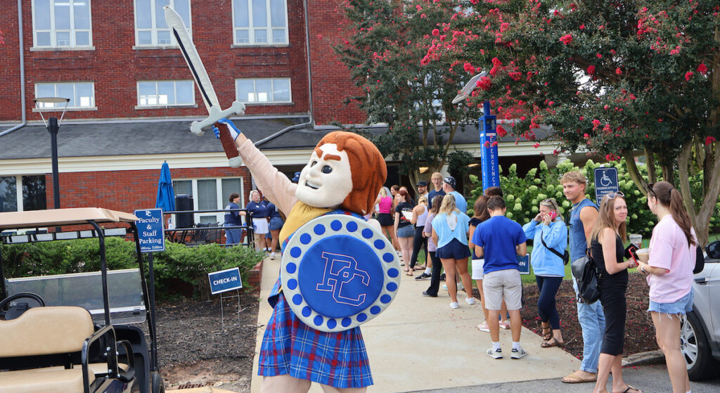 PC's Scotty the Scotsman inspires new students and transfers for the first day of orientation.