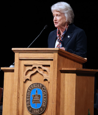 PC president Dr. Anita Gustafson welcoming the Class of 2030 at the '26 PCSP White Coat Ceremony.