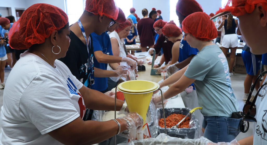 Presbyterian College students joined forces with First Presbyterian Church in Clinton to pack thousands of meals for Rise Against Hunger, an international hunger relief organization.