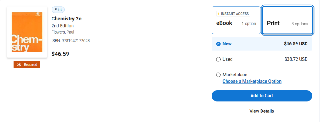 Example screenshot of a bookstore textbook listing. It shows the title, edition, author, ISBN, and price, with options to choose eBook or print and to select new, used, or marketplace copies.