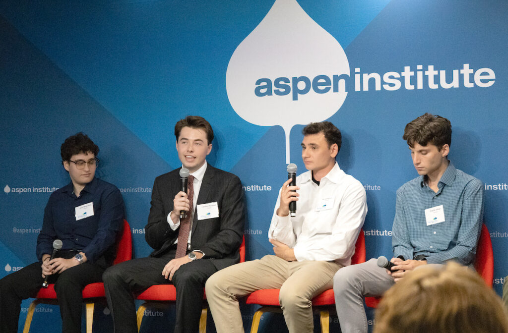 Presbyterian College alumnus Landon Norizsan '24 speaking at a panel for the Aspen Institute.