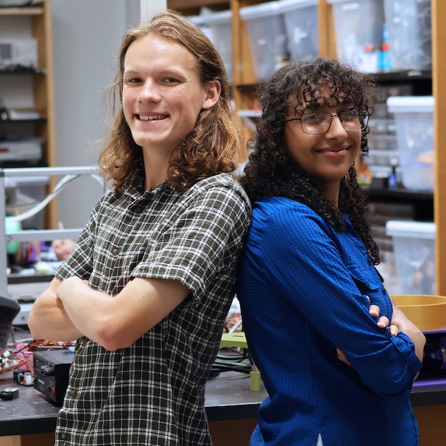 PC students Sam Gearheart and Veby Youssef in Richardson Hall, where they are both conducting summer research through a NASA-funded program supporting student research.