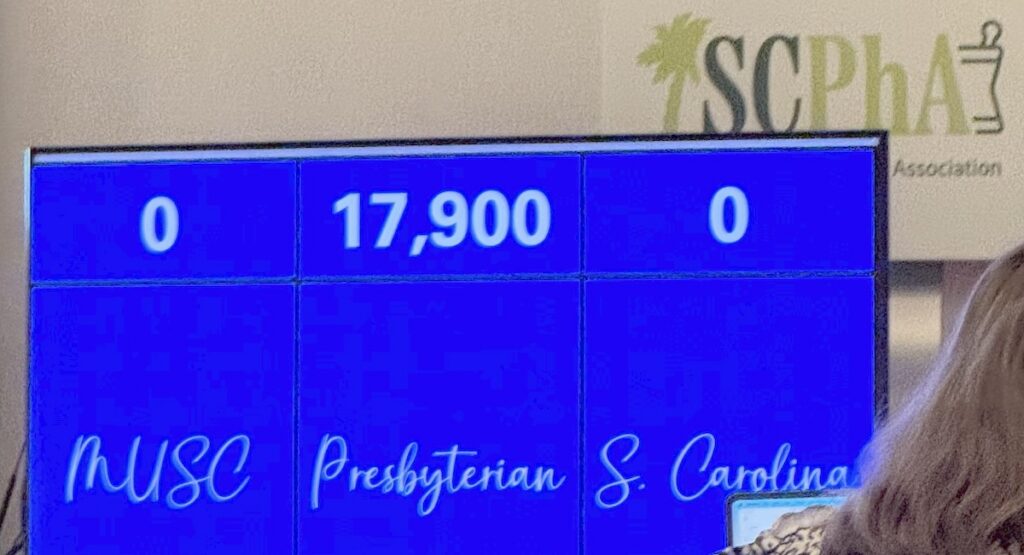 The final tally for this year's S.C. Pharmacy Association Self Care Bowl -- Presbyterian College, 17,900 and MUSC and USC, 0.